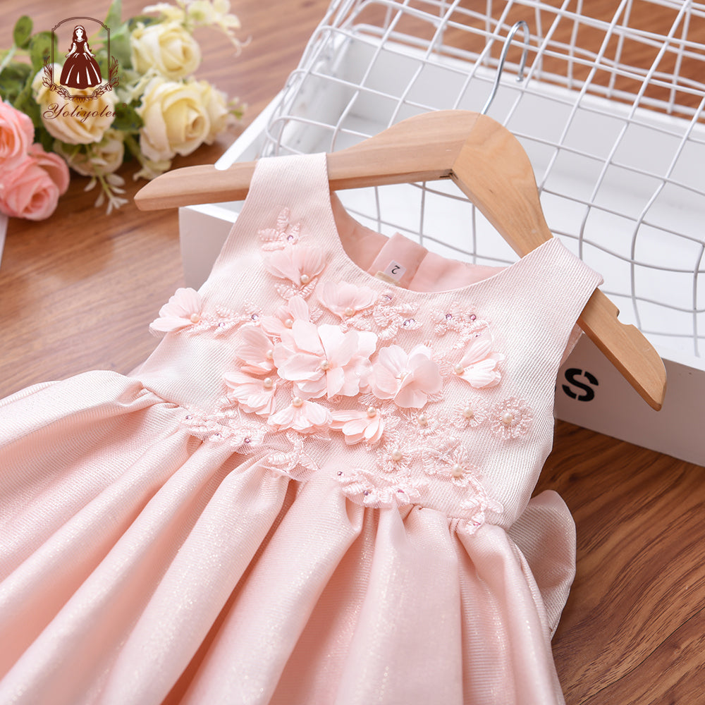 K18007 New Summer Wholesalers Lace Flower Elegant Sleeveless Crew Neck Bow White Party Girl Princess Dress