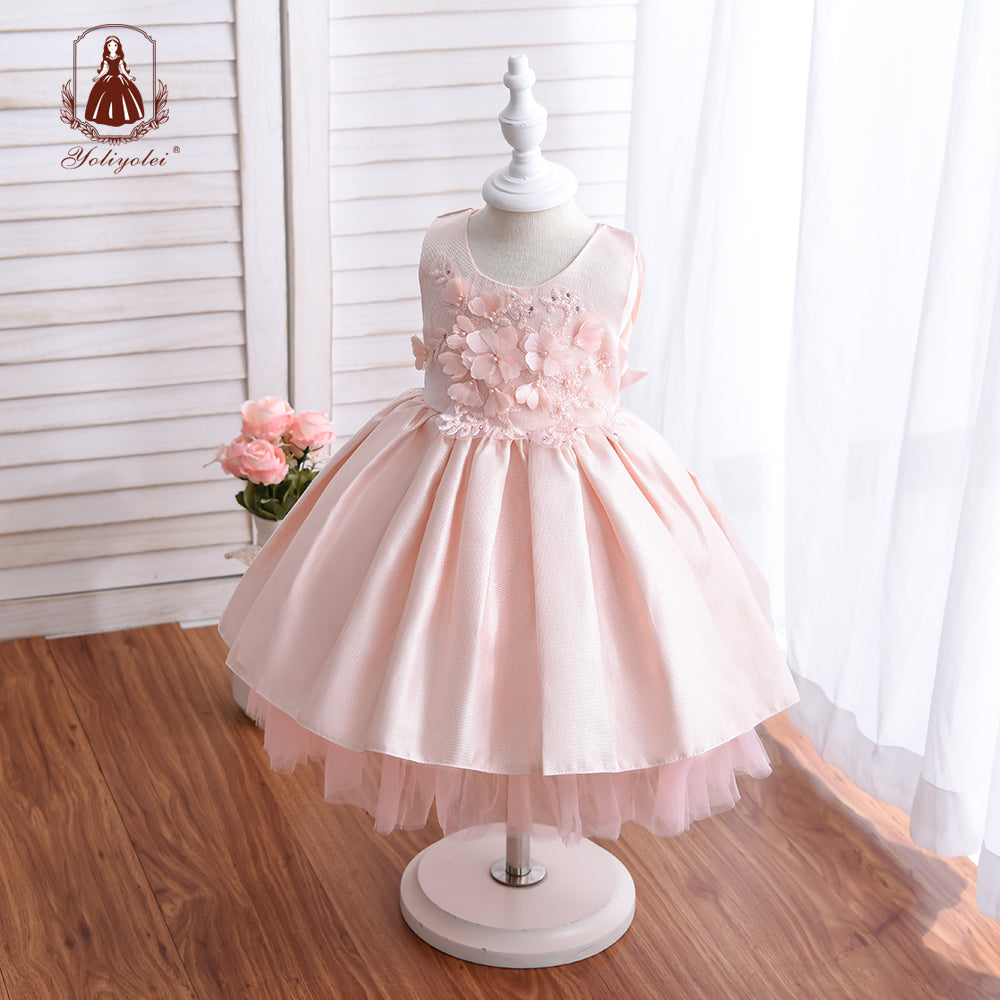 K18007 New Summer Wholesalers Lace Flower Elegant Sleeveless Crew Neck Bow White Party Girl Princess Dress