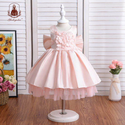 K18007 New Summer Wholesalers Lace Flower Elegant Sleeveless Crew Neck Bow White Party Girl Princess Dress