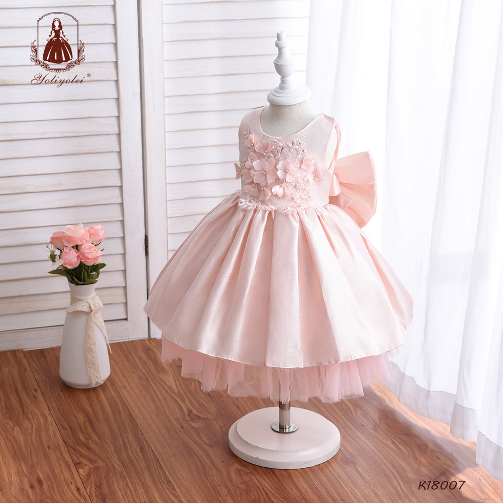 K18007 New Summer Wholesalers Lace Flower Elegant Sleeveless Crew Neck Bow White Party Girl Princess Dress