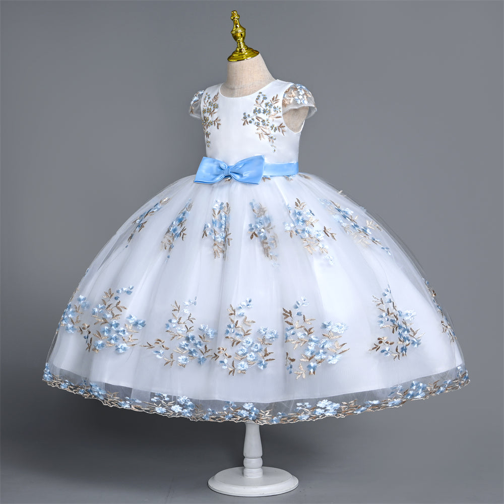 CC-374 Outong Yoliyolei Tile Short Sleeve Girl Kids Embroidered Dress Flower Blue Dress for Evening Costure