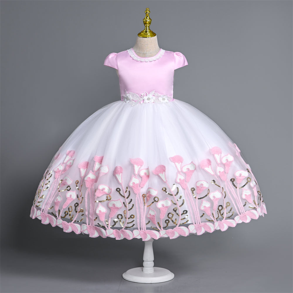 CC-369 Girls' Short Sleeve Floral Embroidery Design Dress Ball Gown Baby Girls Dress Summer Girls Party Dress Princess Costumes