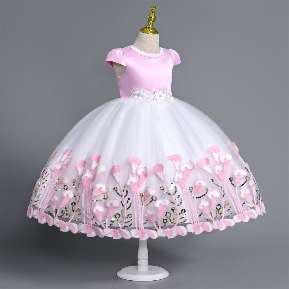 CC-369 Girls' Short Sleeve Floral Embroidery Design Dress Ball Gown Baby Girls Dress Summer Girls Party Dress Princess Costumes