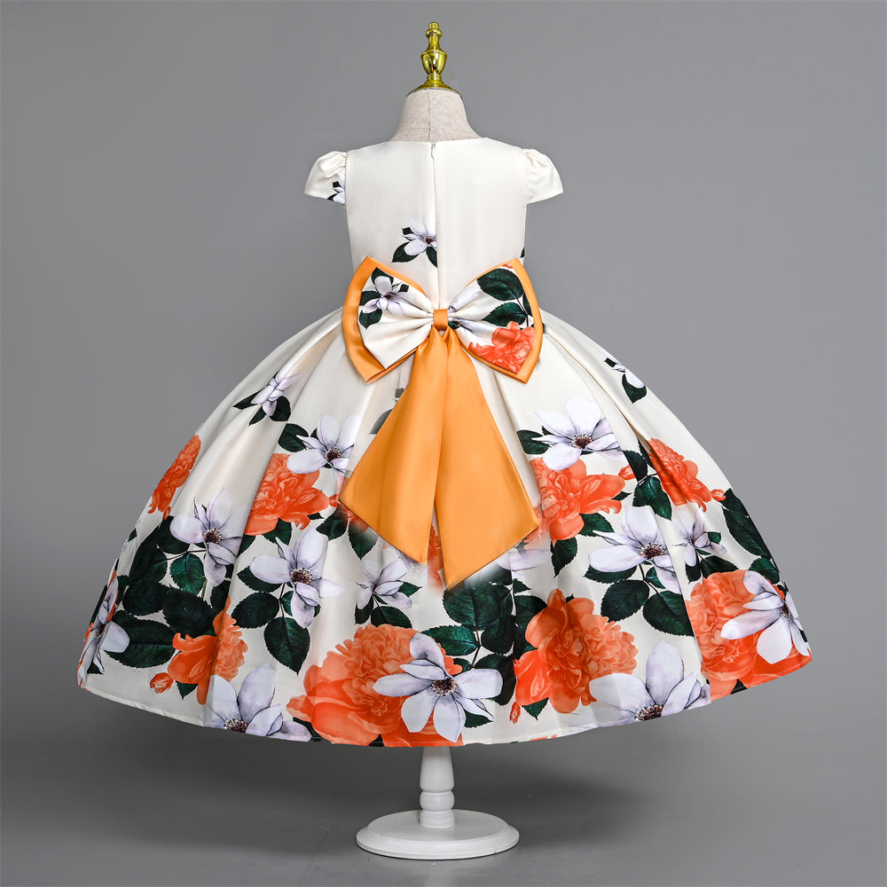 WA0287 Outong Yoliyolei Girl Flower Orange Color Tile-sleeve Print Dress