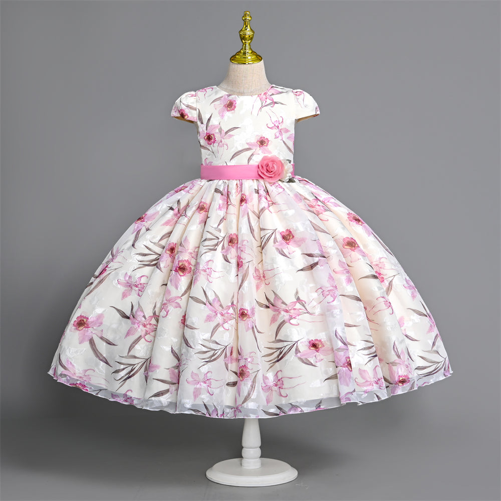 WA0234 Outong Yoliyolei Lovely Elegant Girl Kids Chiffon Print Dress with Tile Sleeves