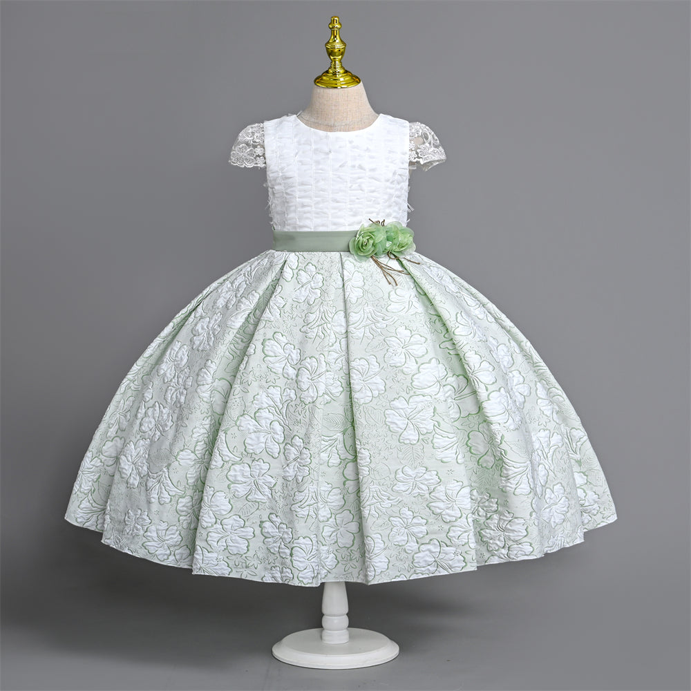 WA0159 Outong Yoliyolei 5 TO 9 Years Mint Green Girl Child Tile Sleeve Jacquard Dress