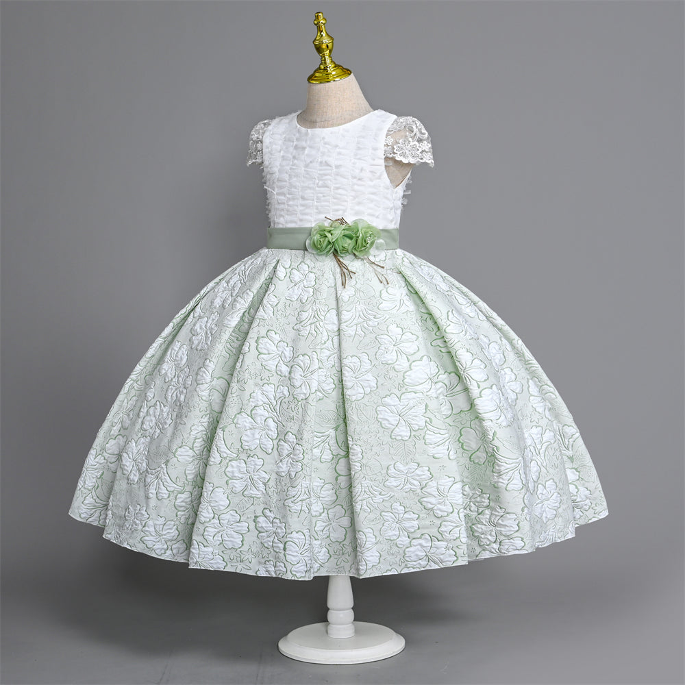 WA0159 Outong Yoliyolei 5 TO 9 Years Mint Green Girl Child Tile Sleeve Jacquard Dress