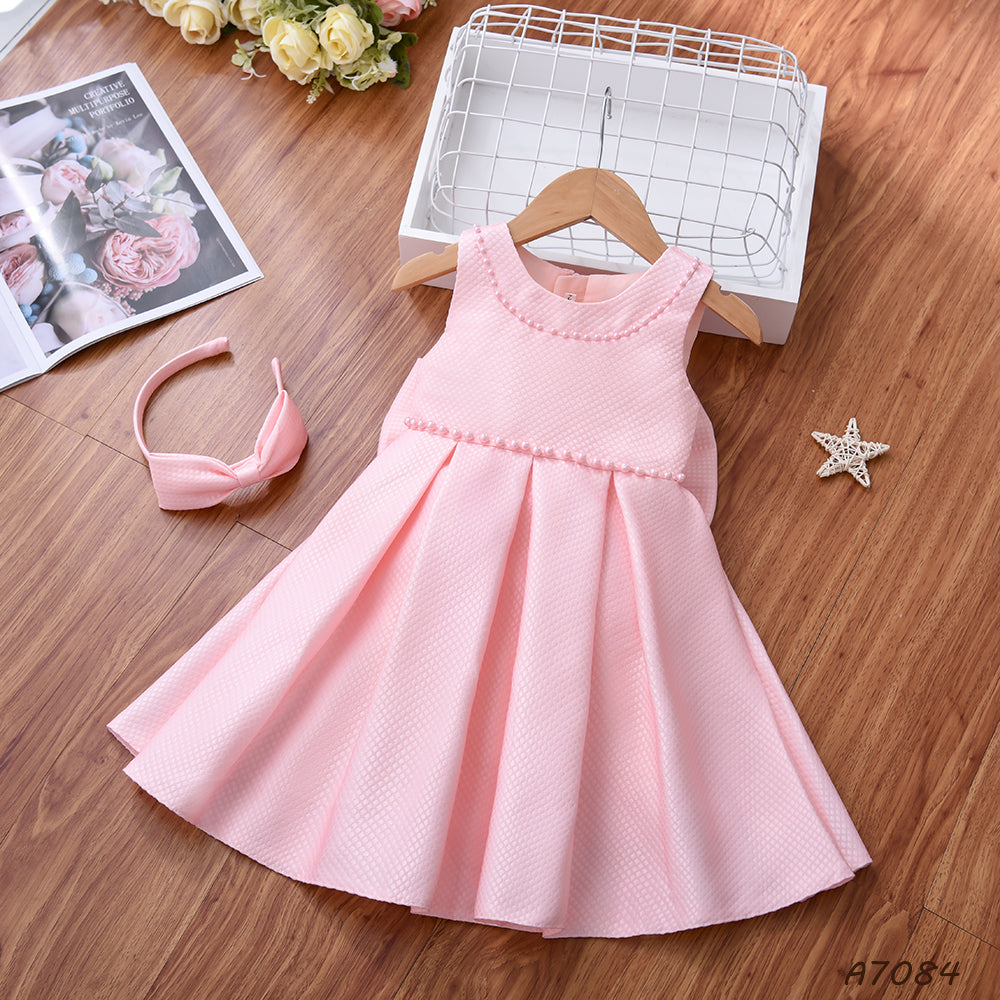 A7084 New Vintage Beautiful Children White Bow Sleeveless Host Wedding Party for Girl Dress