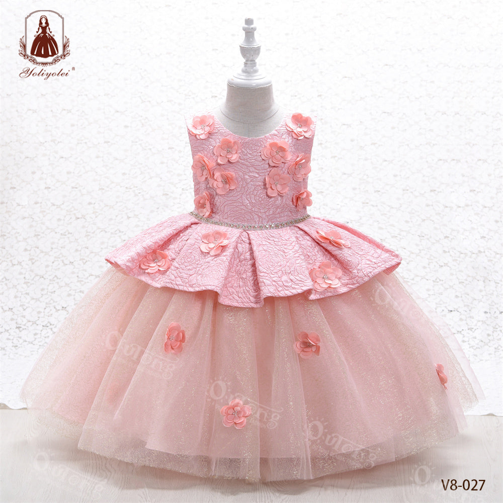 V8-027 3 to 9 Years Shiny Party Princess Dress Retro Formal Clothing Christmas Flower Girl 3D Pattern Elegant Kids Dresses for Girls