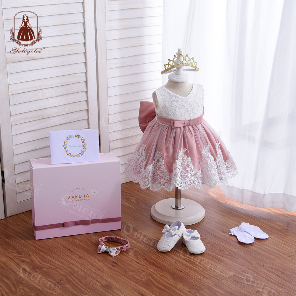 M190 Fashion Birthday Baptism Party Kids Ball Gown Baby Dress Wedding Big Bow Formal Flower Girl's Dresses With Gift Box Set