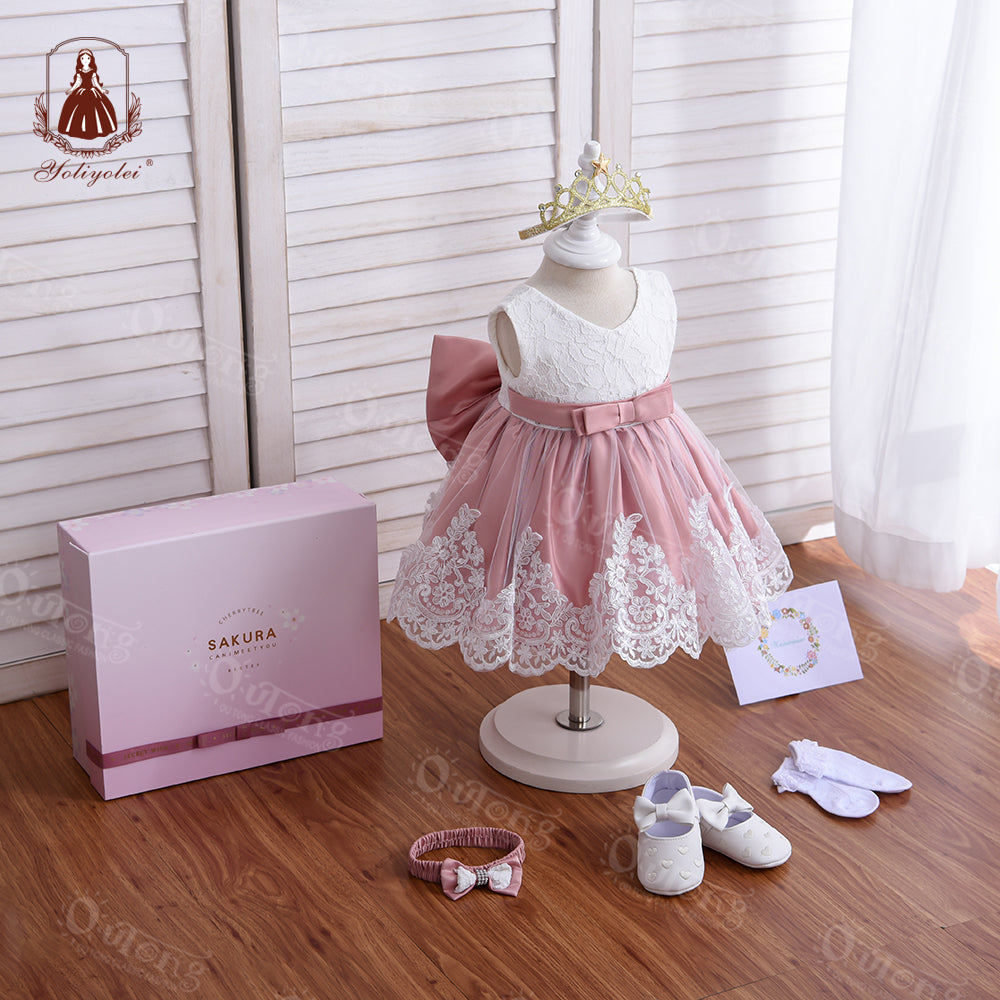 M190 Fashion Birthday Baptism Party Kids Ball Gown Baby Dress Wedding Big Bow Formal Flower Girl's Dresses With Gift Box Set