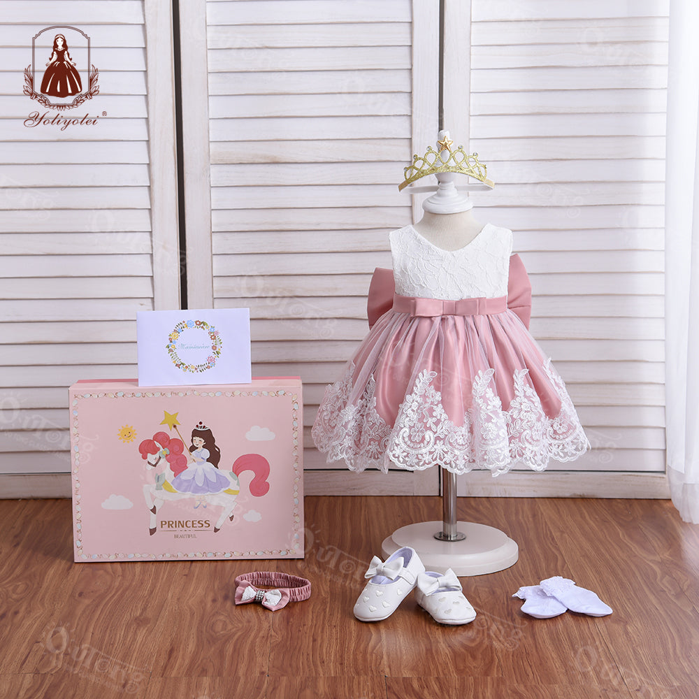 M190 Fashion Birthday Baptism Party Kids Ball Gown Baby Dress Wedding Big Bow Formal Flower Girl's Dresses With Gift Box Set