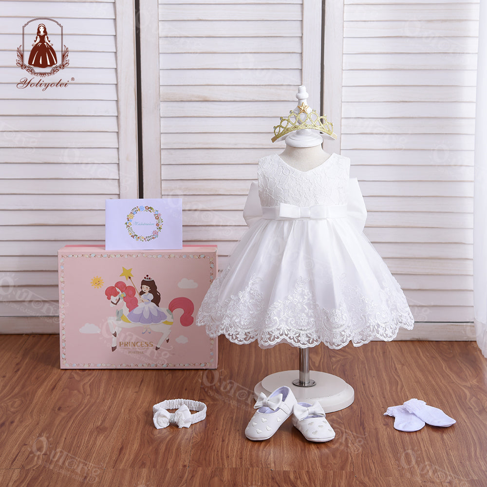 M190 Fashion Birthday Baptism Party Kids Ball Gown Baby Dress Wedding Big Bow Formal Flower Girl's Dresses With Gift Box Set