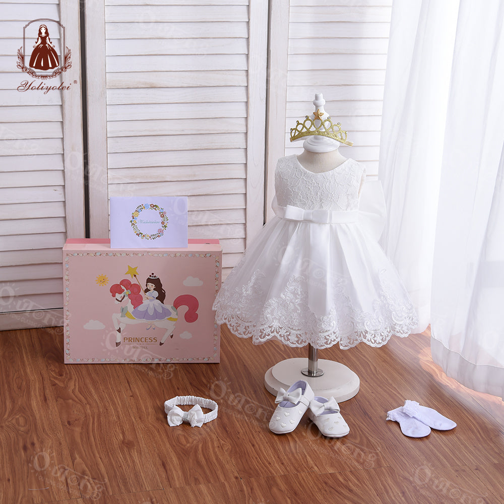 M190 Fashion Birthday Baptism Party Kids Ball Gown Baby Dress Wedding Big Bow Formal Flower Girl's Dresses With Gift Box Set