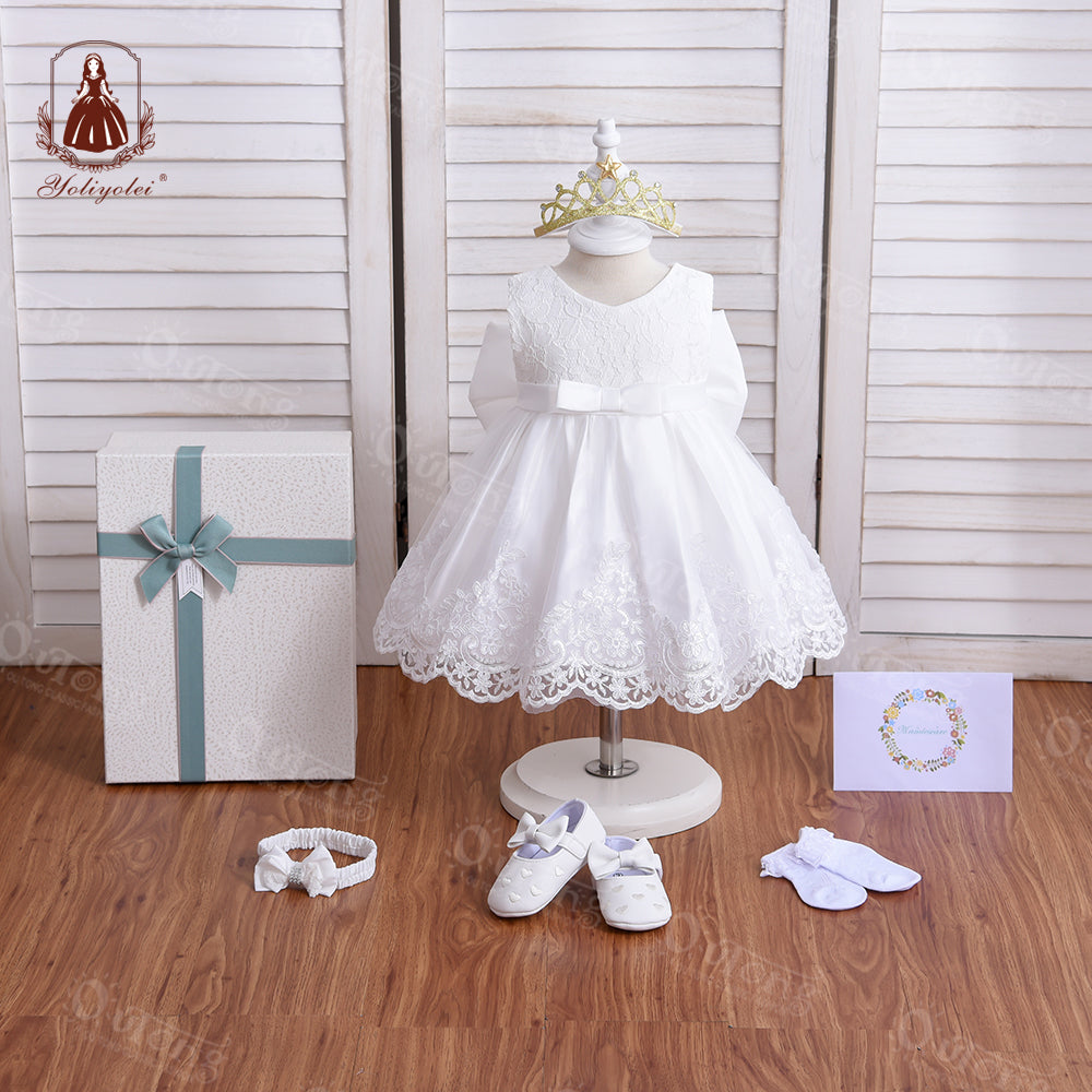 M190 Fashion Birthday Baptism Party Kids Ball Gown Baby Dress Wedding Big Bow Formal Flower Girl's Dresses With Gift Box Set