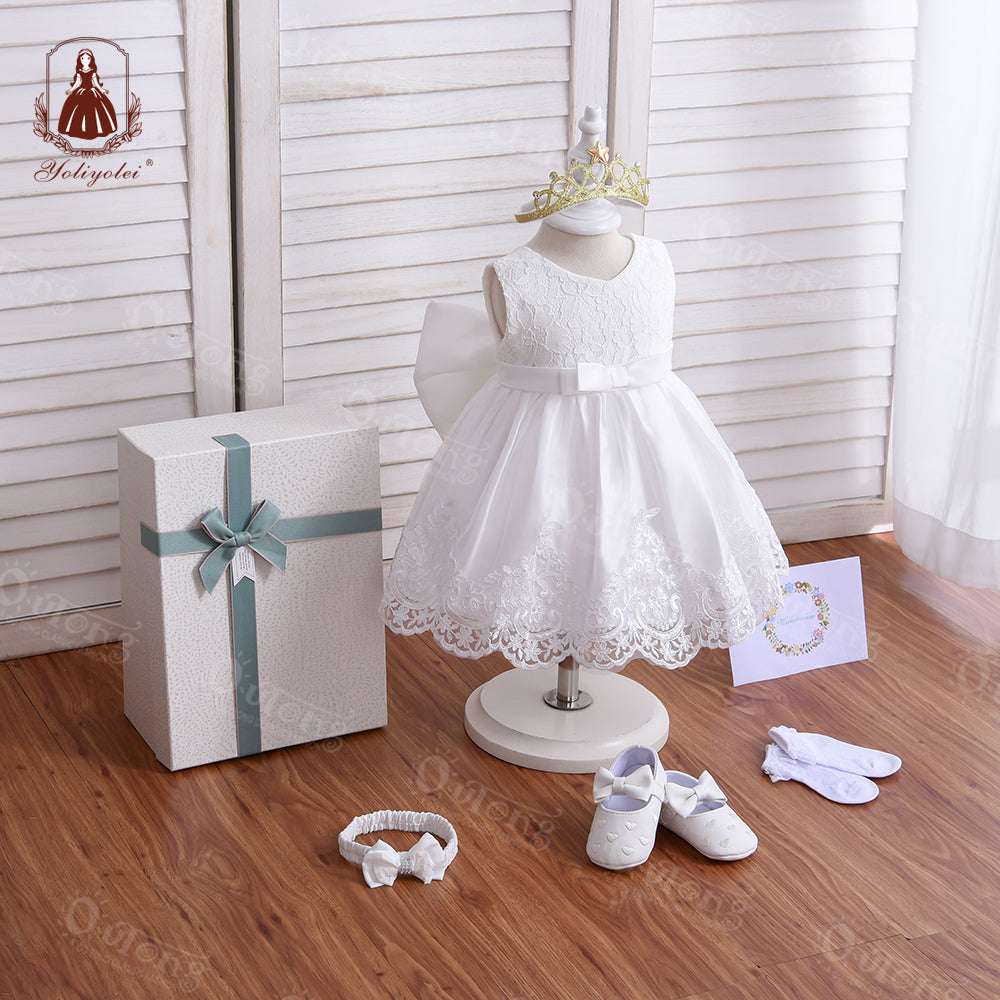 M190 Fashion Birthday Baptism Party Kids Ball Gown Baby Dress Wedding Big Bow Formal Flower Girl's Dresses With Gift Box Set