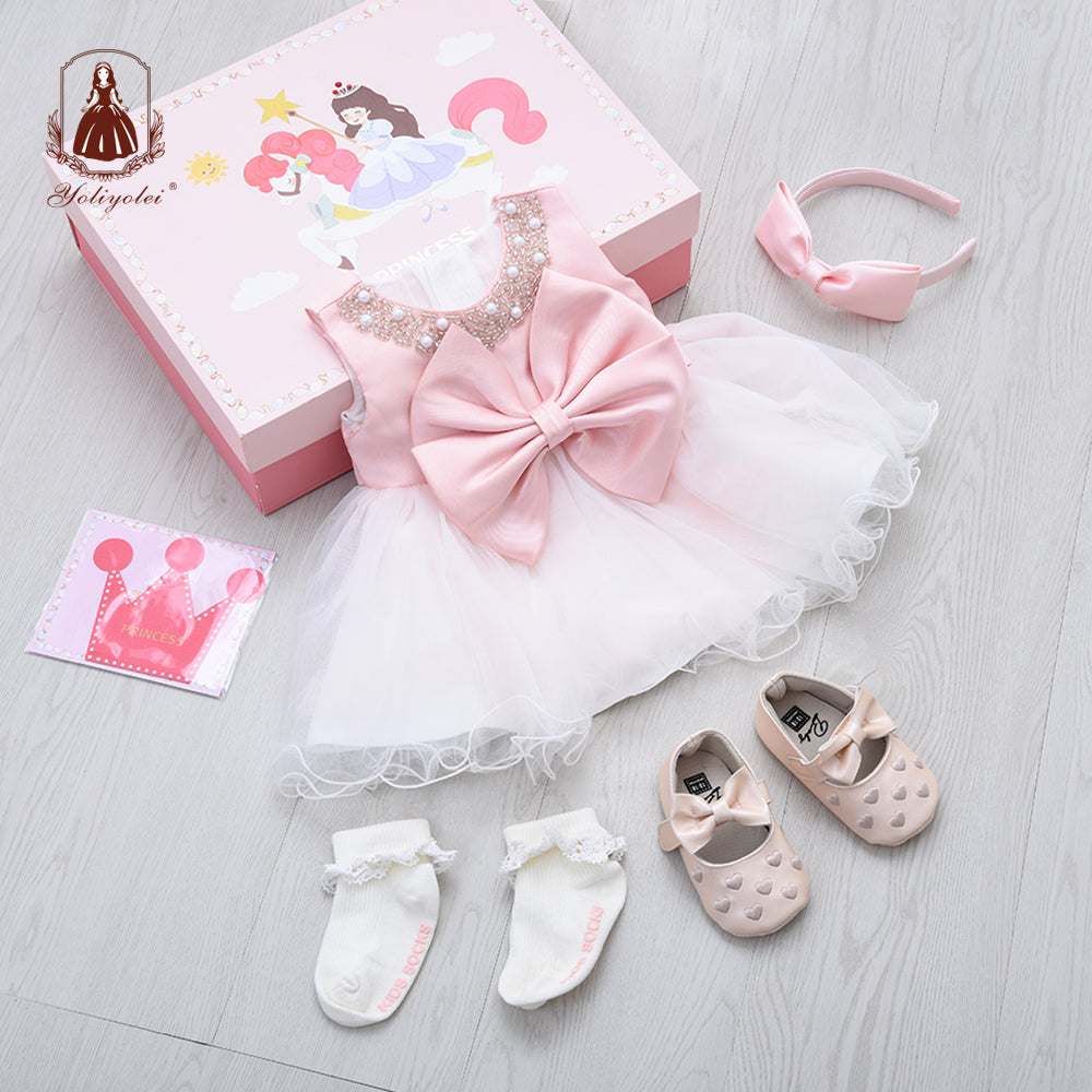 G008 2022 Kids Fashion New Born Baby 0-2 Years Infant Birthday Dress with Gift Box for Party