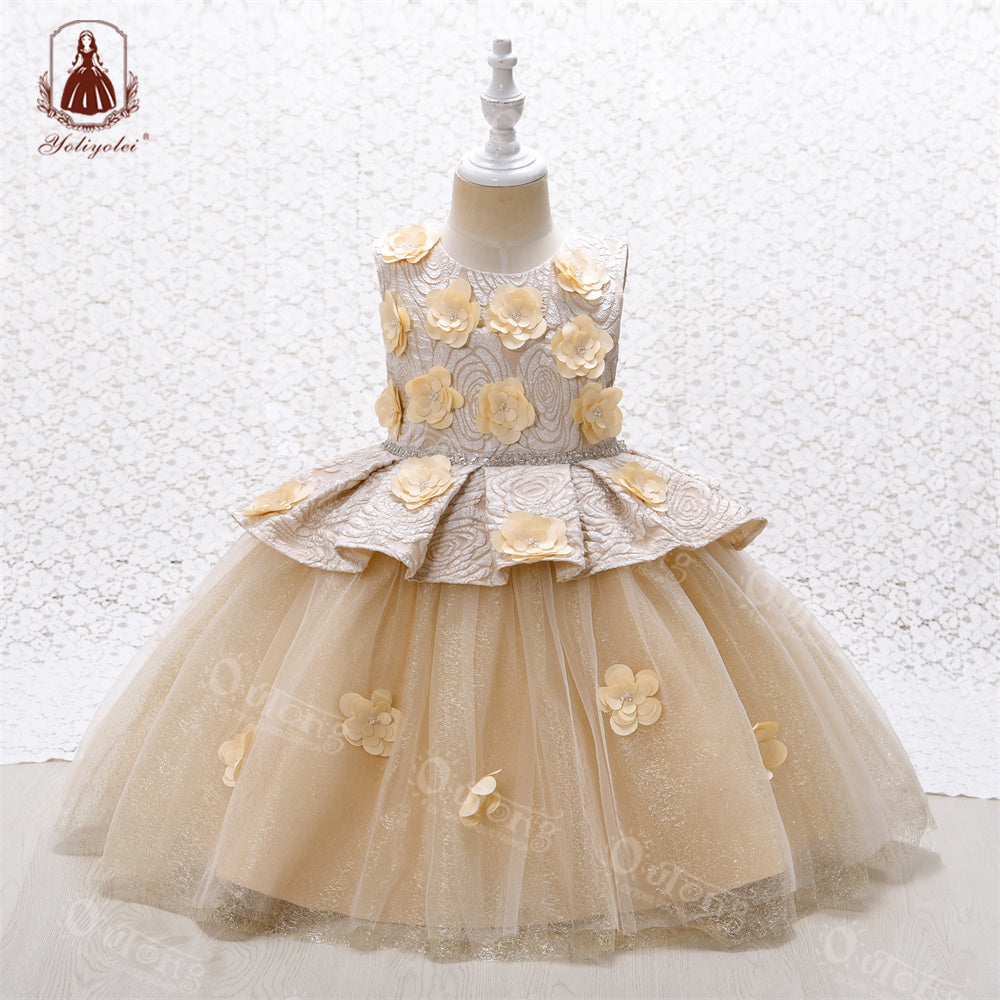 V8-027 3 to 9 Years Shiny Party Princess Dress Retro Formal Clothing Christmas Flower Girl 3D Pattern Elegant Kids Dresses for Girls