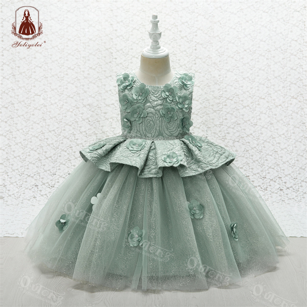 V8-027 3 to 9 Years Shiny Party Princess Dress Retro Formal Clothing Christmas Flower Girl 3D Pattern Elegant Kids Dresses for Girls