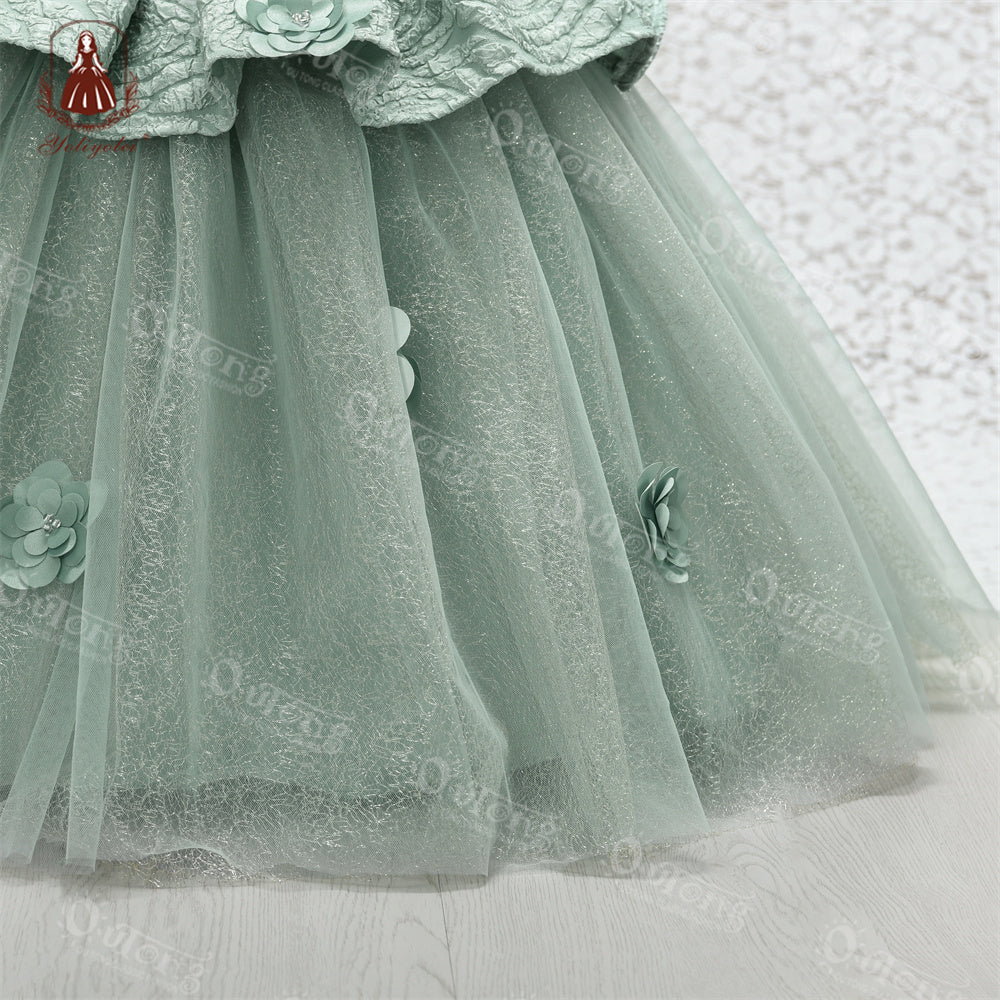 V8-027 3 to 9 Years Shiny Party Princess Dress Retro Formal Clothing Christmas Flower Girl 3D Pattern Elegant Kids Dresses for Girls