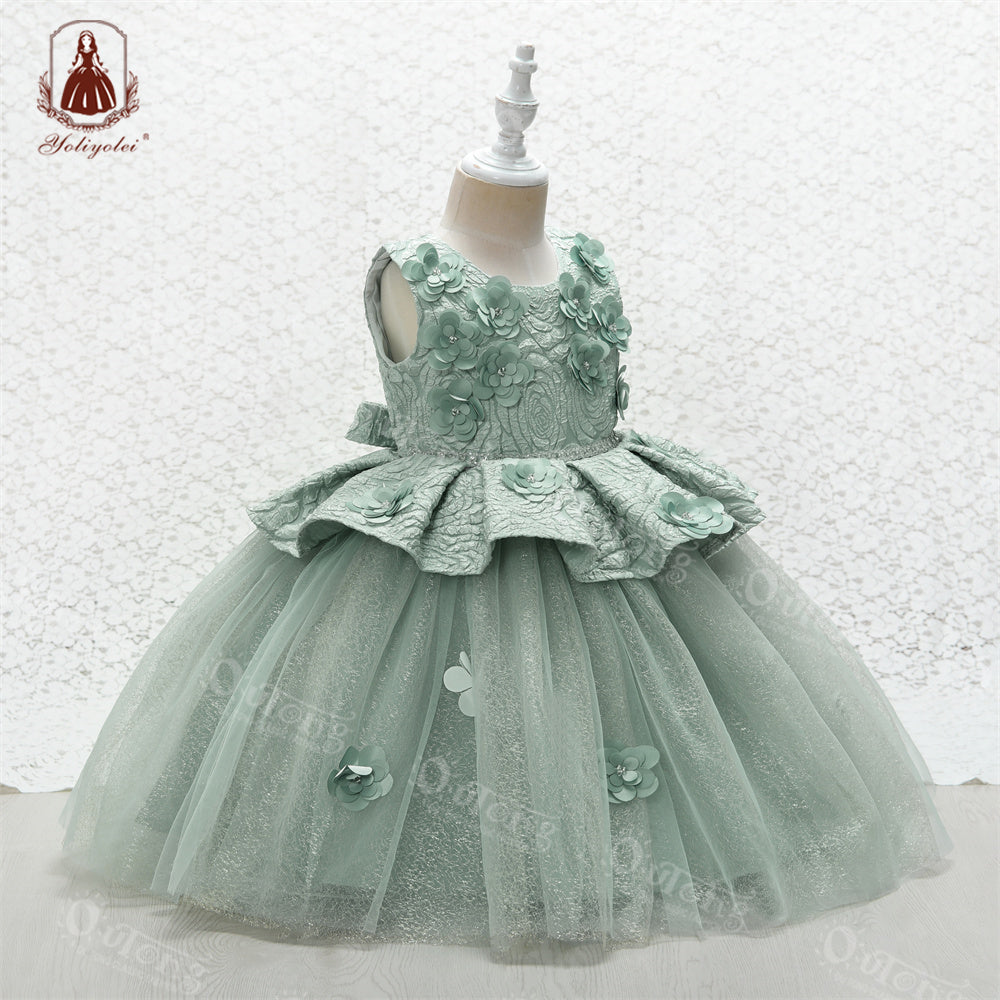 V8-027 3 to 9 Years Shiny Party Princess Dress Retro Formal Clothing Christmas Flower Girl 3D Pattern Elegant Kids Dresses for Girls