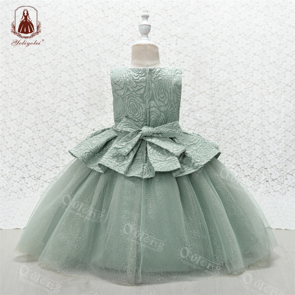 V8-027 3 to 9 Years Shiny Party Princess Dress Retro Formal Clothing Christmas Flower Girl 3D Pattern Elegant Kids Dresses for Girls