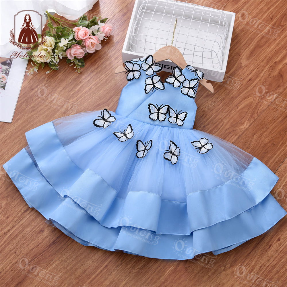 DK230 Summer Butterfly Pattern Comfortable Mesh Sleeveless Girl Party Princess Dress For Kids 2-5 Years