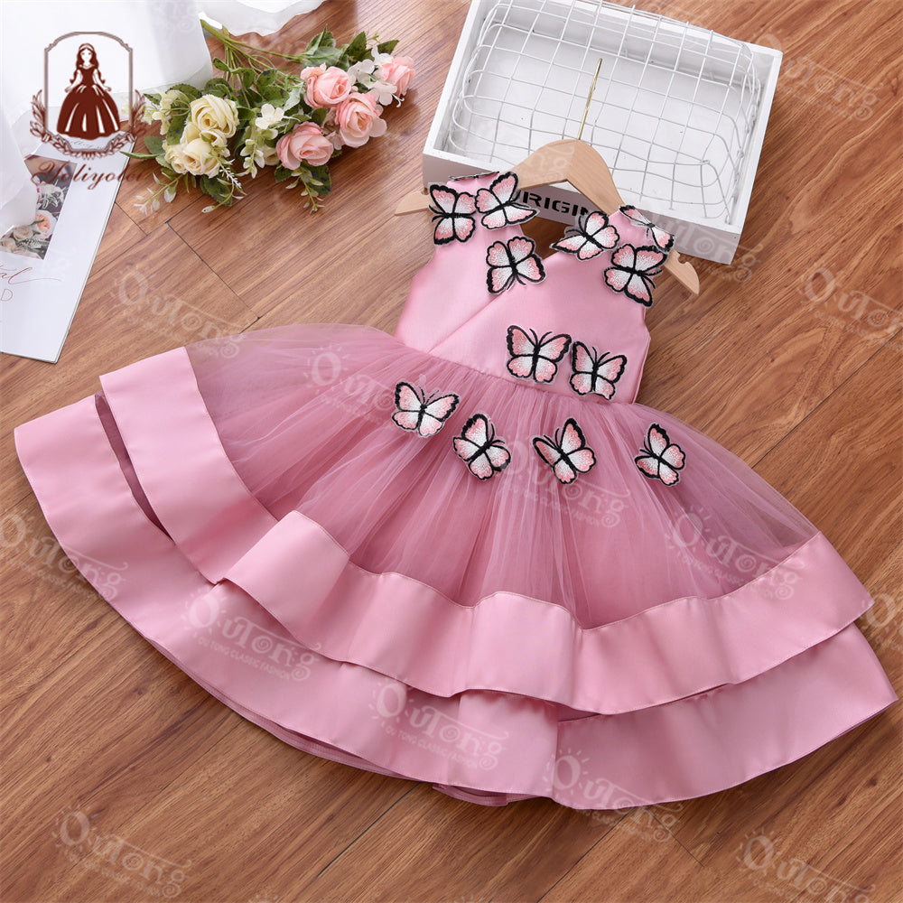 DK230 Summer Butterfly Pattern Comfortable Mesh Sleeveless Girl Party Princess Dress For Kids 2-5 Years