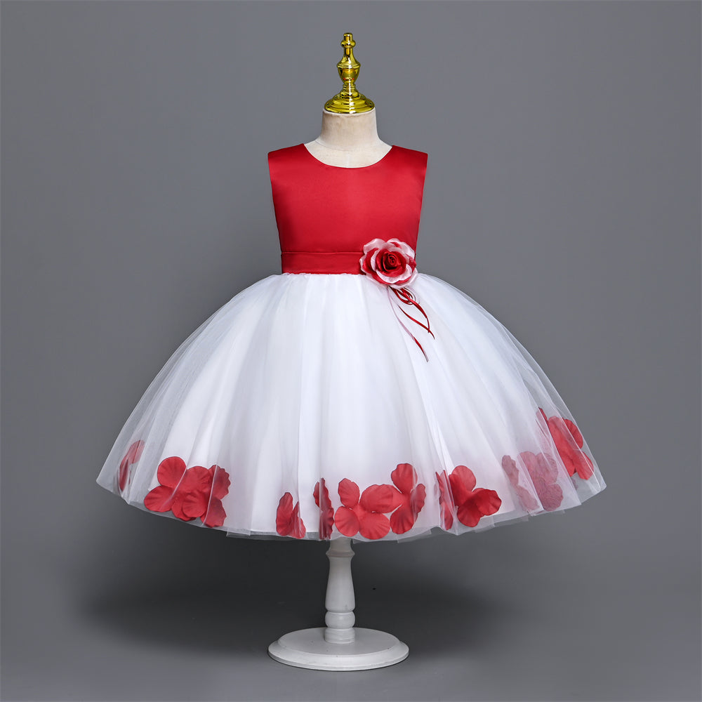 B19-2018SH 4-7 Years Pageant Christmas dress for girls Waist Bottom Hem 3D Flower Red & White Color party dress for kids girl