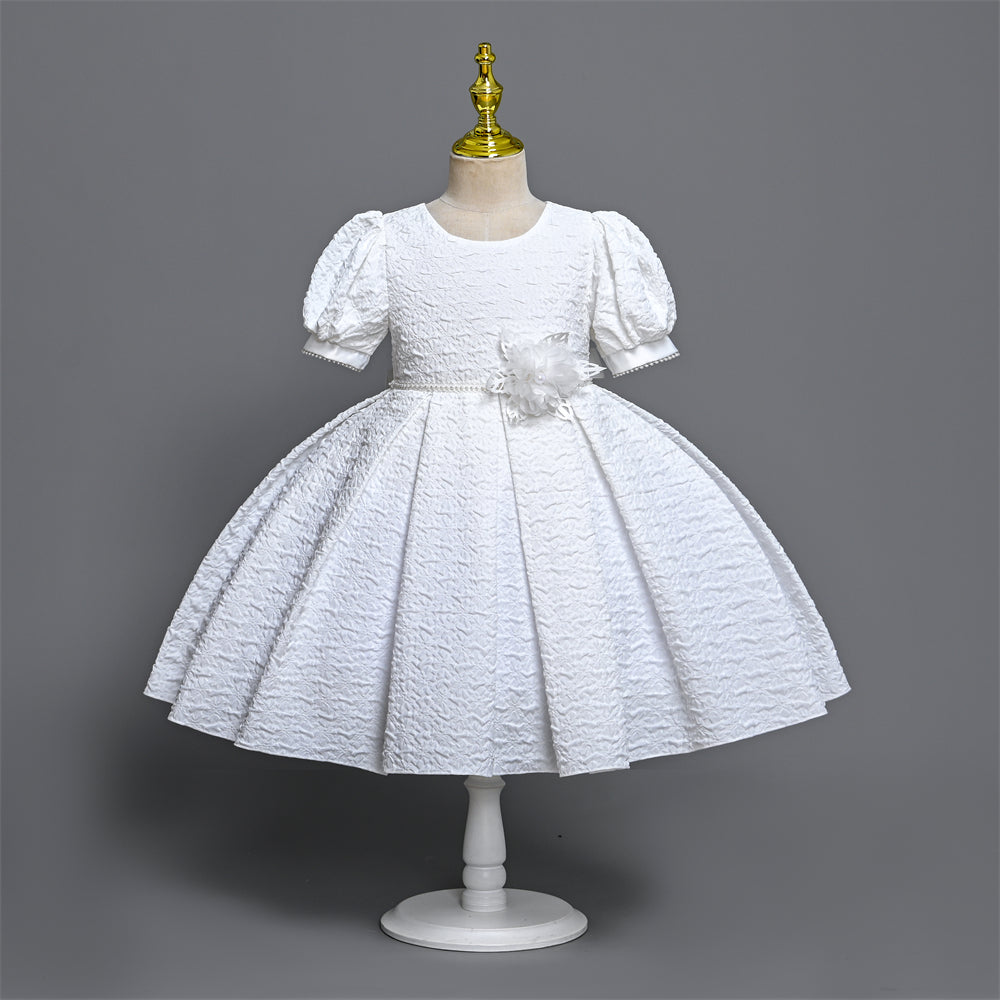 WA0117 2 to 7 Years Pure White Dress for girls Puff Sleeves Ball Gown Elegant Fabric o-neck children clothes girl with Pearls Decoration