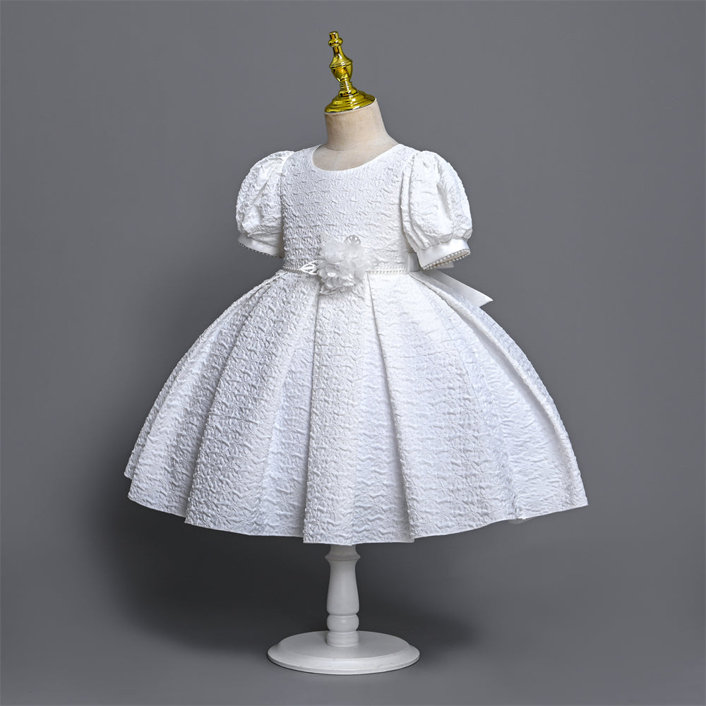 WA0117 2 to 7 Years Pure White Dress for girls Puff Sleeves Ball Gown Elegant Fabric o-neck children clothes girl with Pearls Decoration