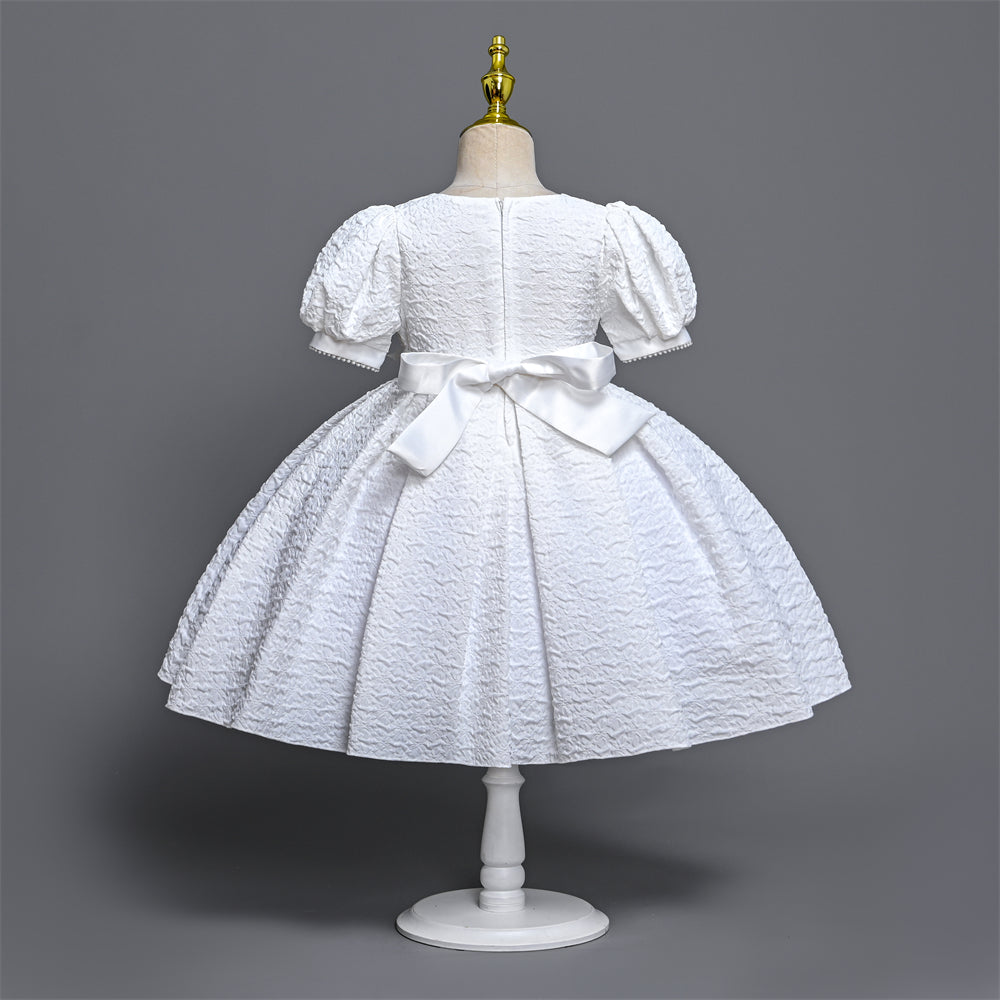 WA0117 2 to 7 Years Pure White Dress for girls Puff Sleeves Ball Gown Elegant Fabric o-neck children clothes girl with Pearls Decoration