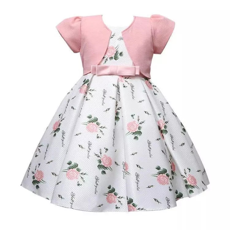 S2128 Summer Print Tick Fabric Novelty Baby Frock Paty Birthday Wedding Flower Girls' Dresses with Coat