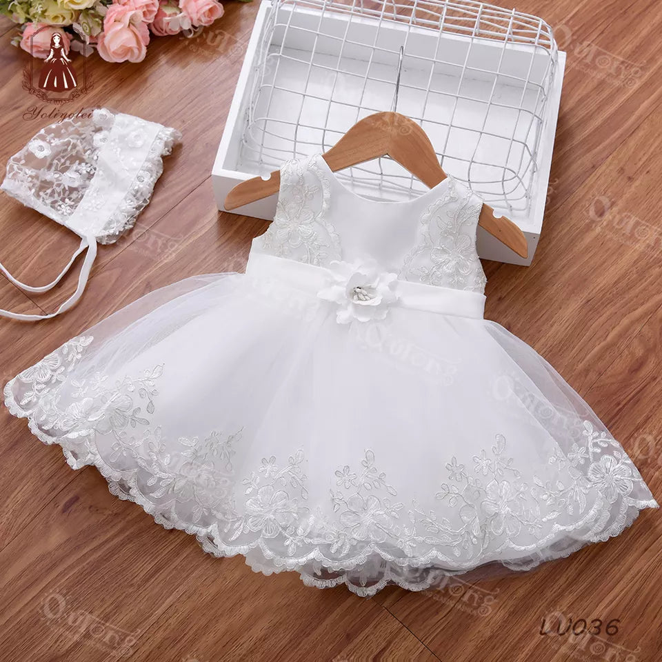 LU036 Fashion Elegant Ropa Formal Vestidos Blancos Polyester Infant Flower Girls Dress Lace White Wedding Baby Dress For 0-2 Years