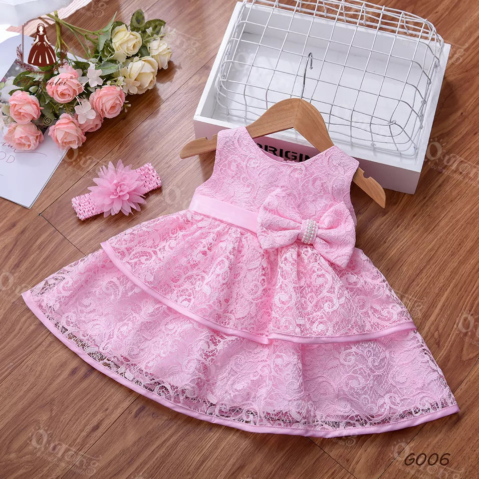 G006 One-year Pink Lace Cutout Sleeveless Dress O-neck Children Infant Girls Princess Baby Grow Birthday Party Wear Dresses with bow