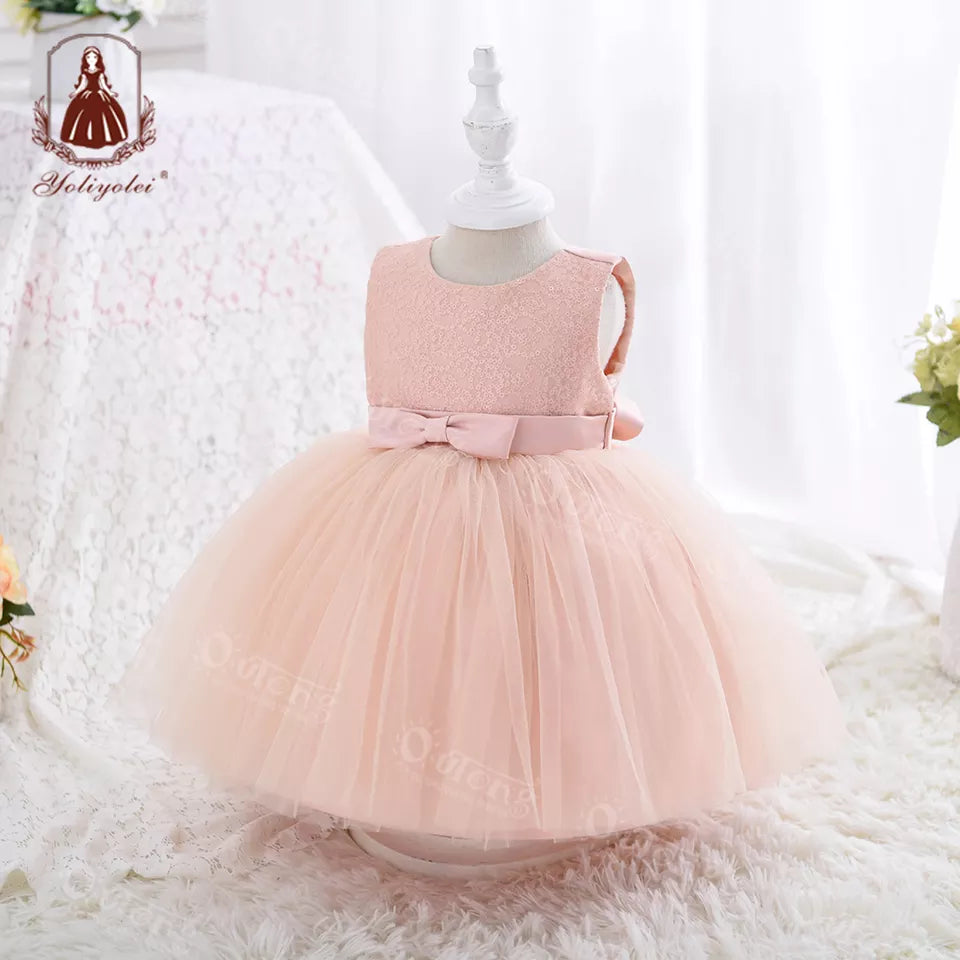 CRY023 Wholesalers O-Neck Beautiful Pink Sequins Babies Party Ball Gowns Kids Summer Dresses For Girls 0-2 Years Old