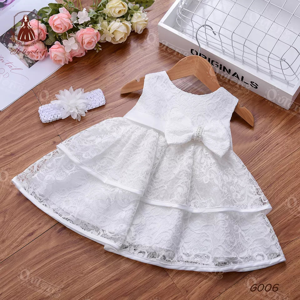 G006 One-year Pink Lace Cutout Sleeveless Dress O-neck Children Infant Girls Princess Baby Grow Birthday Party Wear Dresses with bow