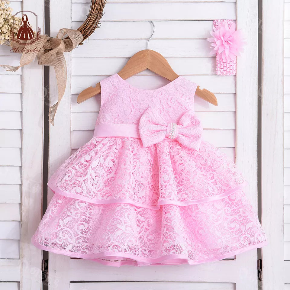 G006 One-year Pink Lace Cutout Sleeveless Dress O-neck Children Infant Girls Princess Baby Grow Birthday Party Wear Dresses with bow