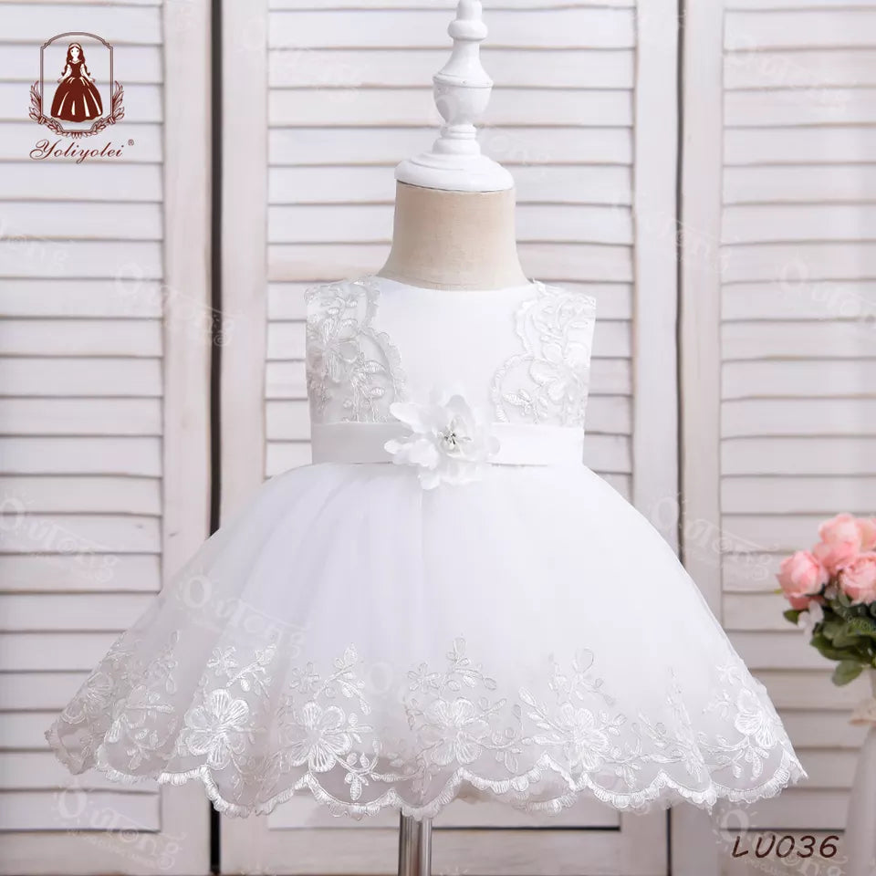 LU036 Fashion Elegant Ropa Formal Vestidos Blancos Polyester Infant Flower Girls Dress Lace White Wedding Baby Dress For 0-2 Years