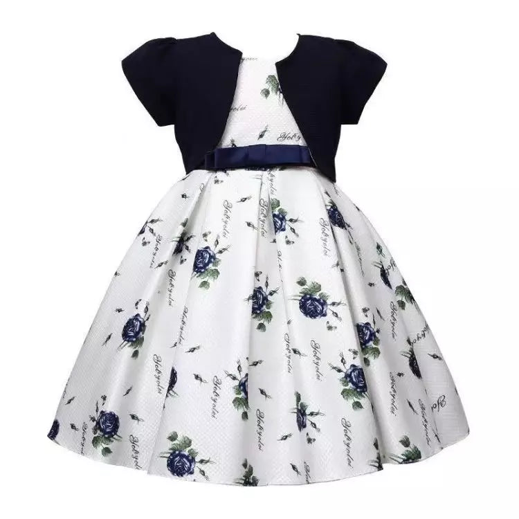 S2128 Summer Print Tick Fabric Novelty Baby Frock Paty Birthday Wedding Flower Girls' Dresses with Coat