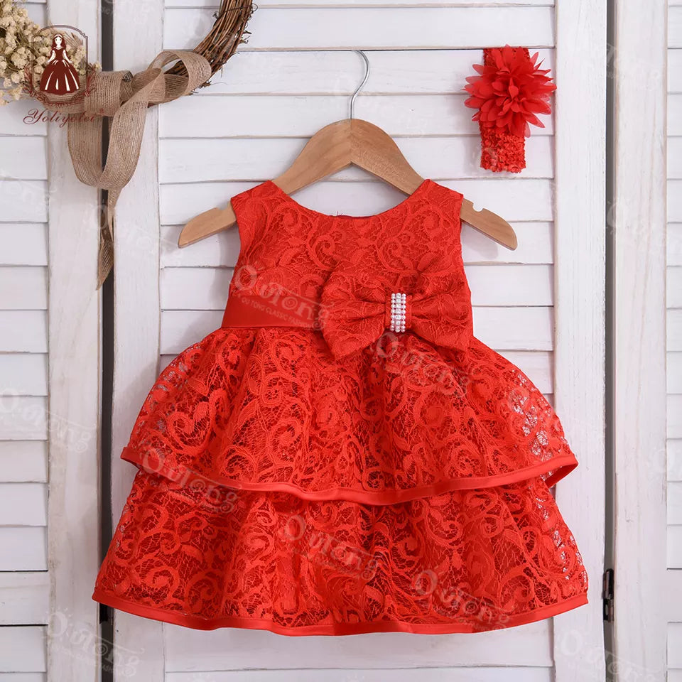 G006 One-year Pink Lace Cutout Sleeveless Dress O-neck Children Infant Girls Princess Baby Grow Birthday Party Wear Dresses with bow