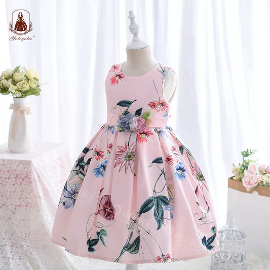 W3262 Casual Holiday Flower Dresses Sleeveless Cotton Girl Dress