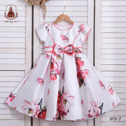 B19-7 Elegant Mediterranean Style Satin Girl Dress Retro Court Pattern Girls Dresses for Party Costumes, Opening Ceremony Kids Wear