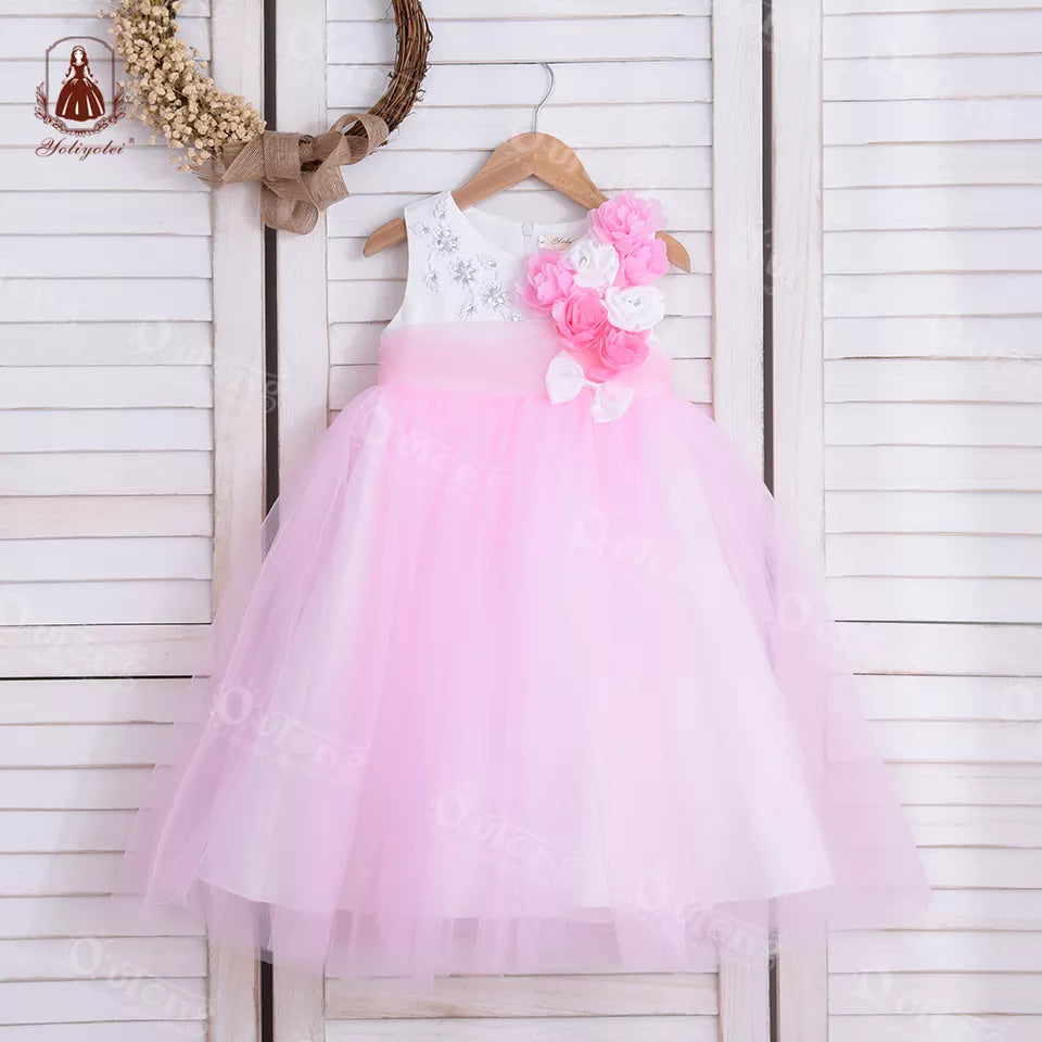 WB2418 Yoliyolei Hot Sale Summer Baby Girl Dresses With Belt Flowers Princess Skirt