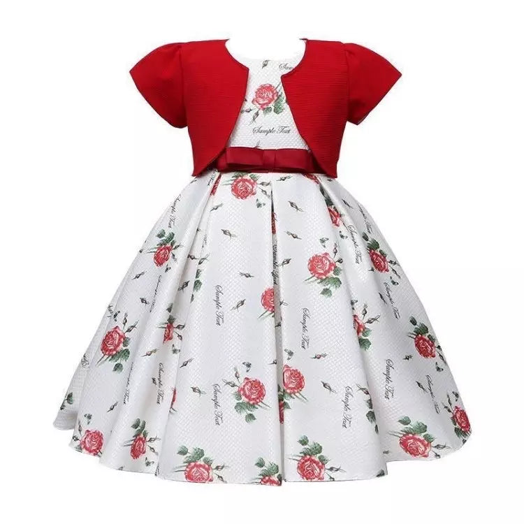 S2128 Summer Print Tick Fabric Novelty Baby Frock Paty Birthday Wedding Flower Girls' Dresses with Coat