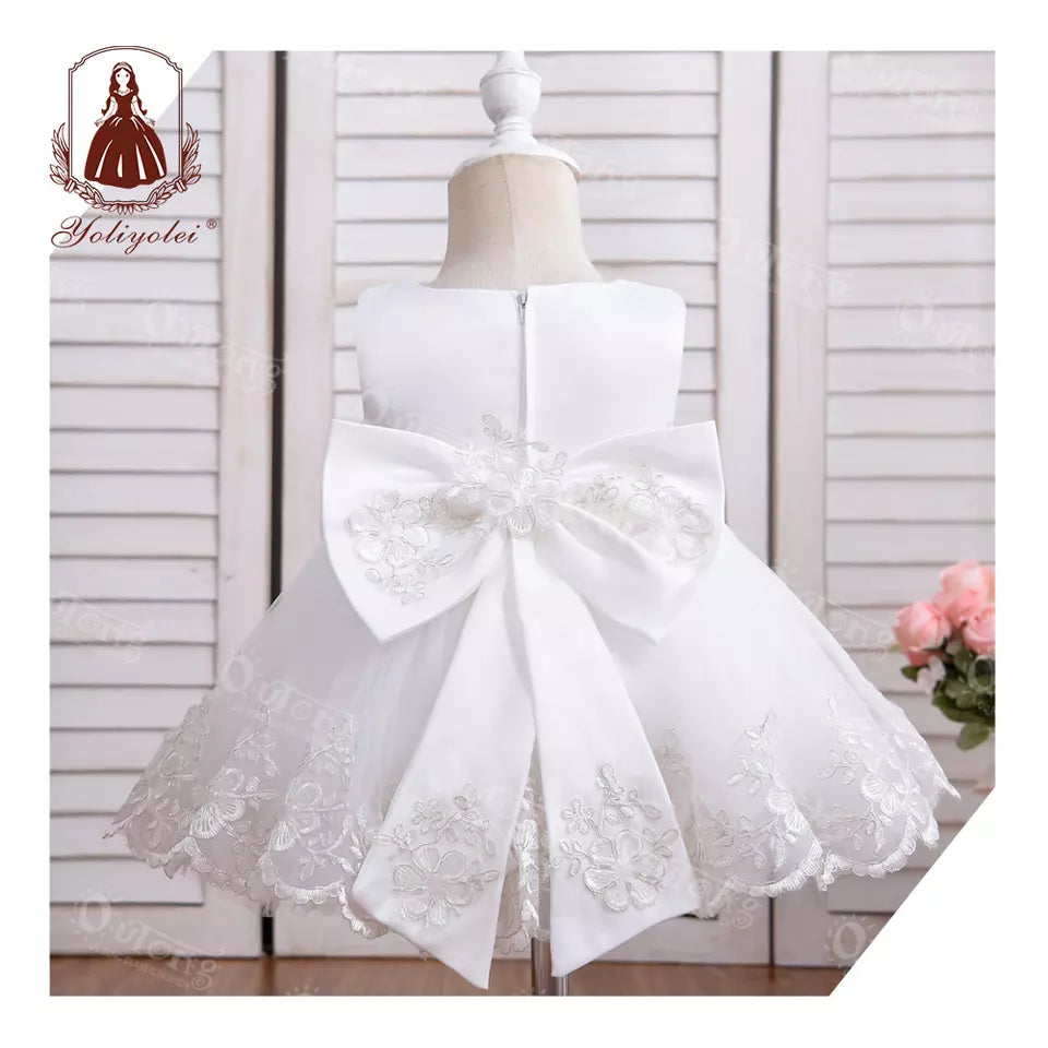 LU036 Fashion Elegant Ropa Formal Vestidos Blancos Polyester Infant Flower Girls Dress Lace White Wedding Baby Dress For 0-2 Years