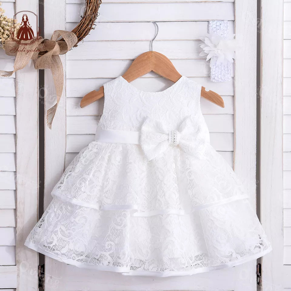 G006 One-year Pink Lace Cutout Sleeveless Dress O-neck Children Infant Girls Princess Baby Grow Birthday Party Wear Dresses with bow