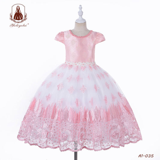 A1-035 Yoliyolei Spring Summer Girl Princess Party Dress Pink Short Sleeve Beading Lace Long Frock Wedding Kids Gown Dress For Girl