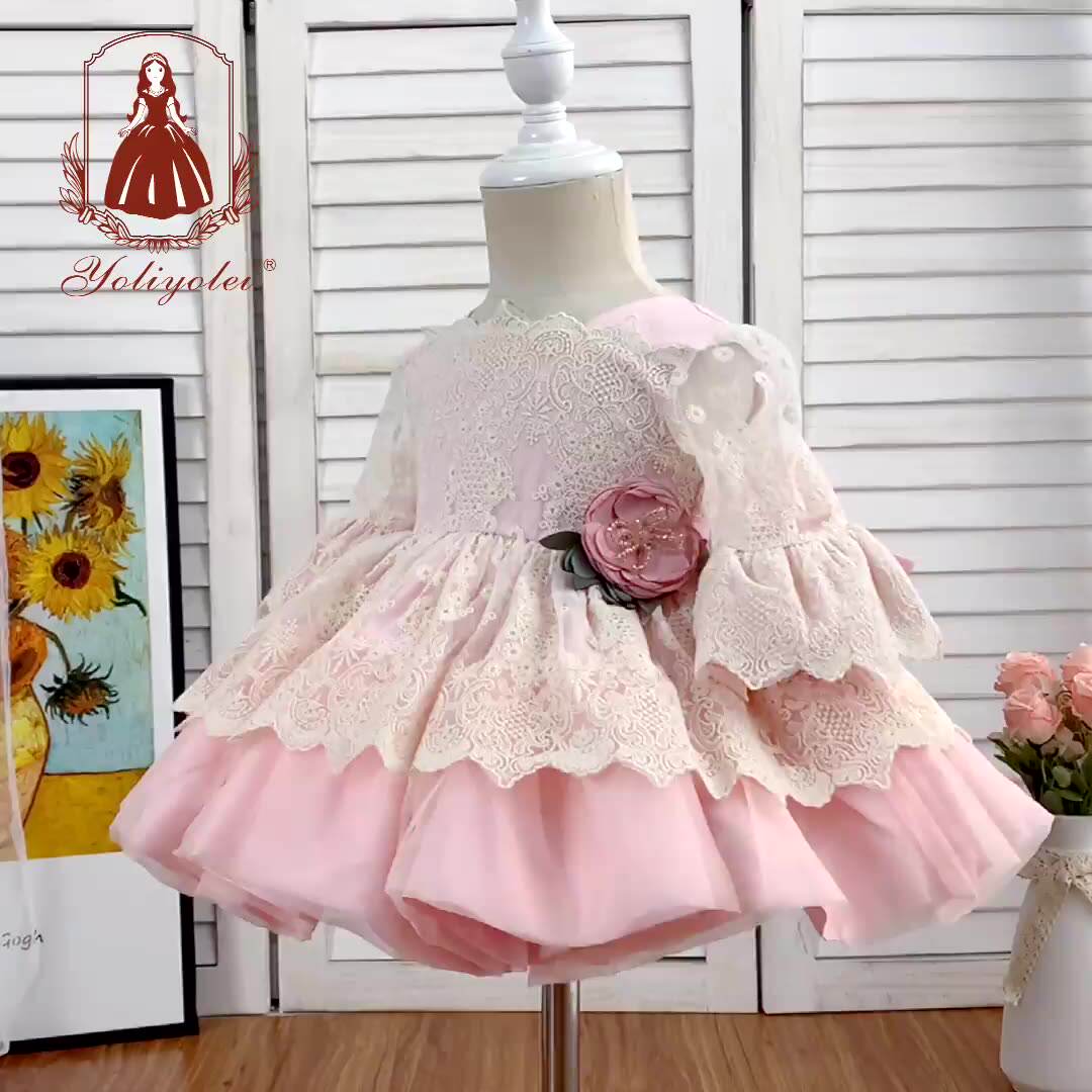 DK106 Children Birthday Wear Pink Half Sleeve Cotton Baby Infant Princess Kids Outfits Lace Girl Spanish Dress With Bloomer