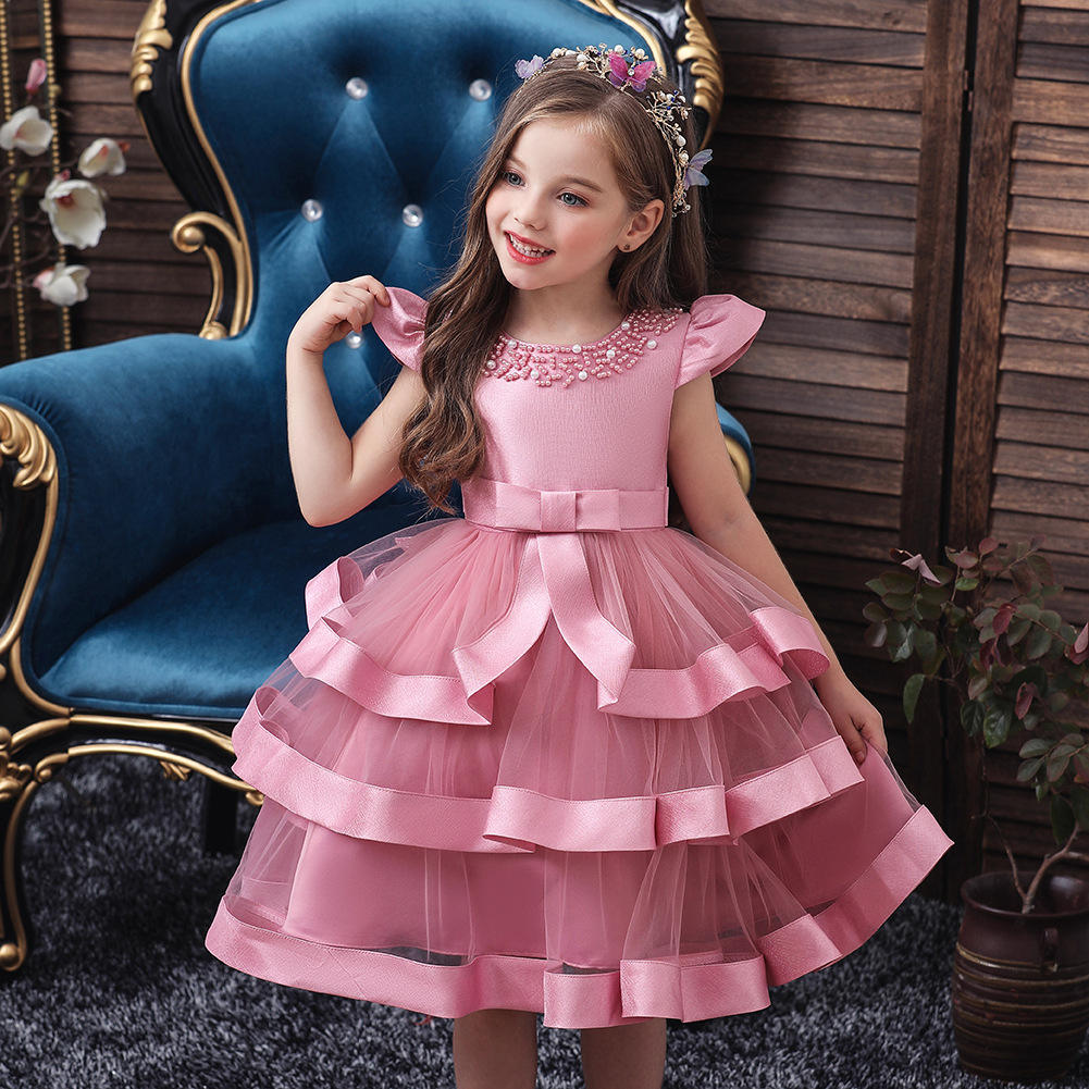 P002 High-end Princess Evening Dress Layered Pink Dress Wedding Party Lovely Girl Birthday Party Dress For 0-8 Years